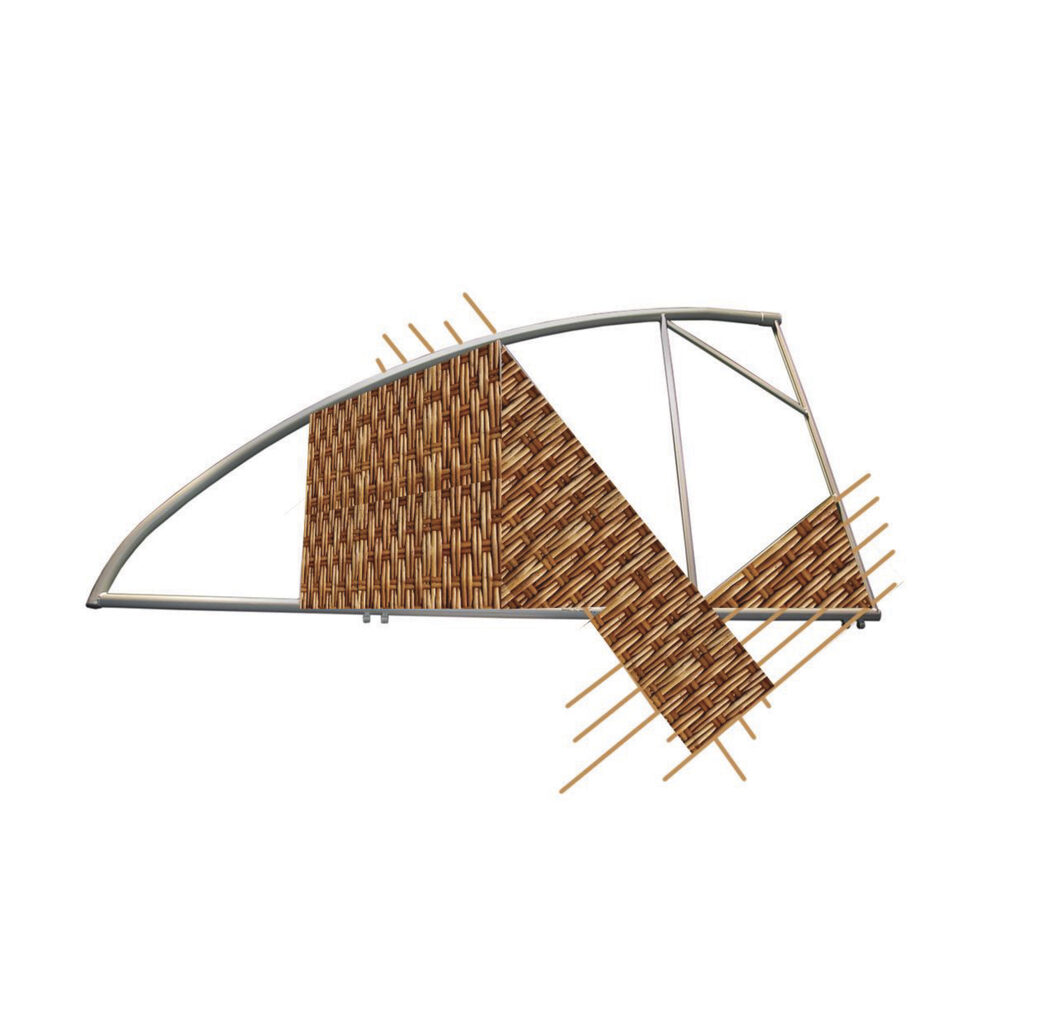 A digital rendering an airplane wing woven with reeds and bark.