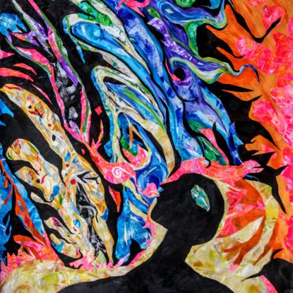 A mixed-media artwork depicting a dark figure from the shoulders up surrounded by swirling colors.