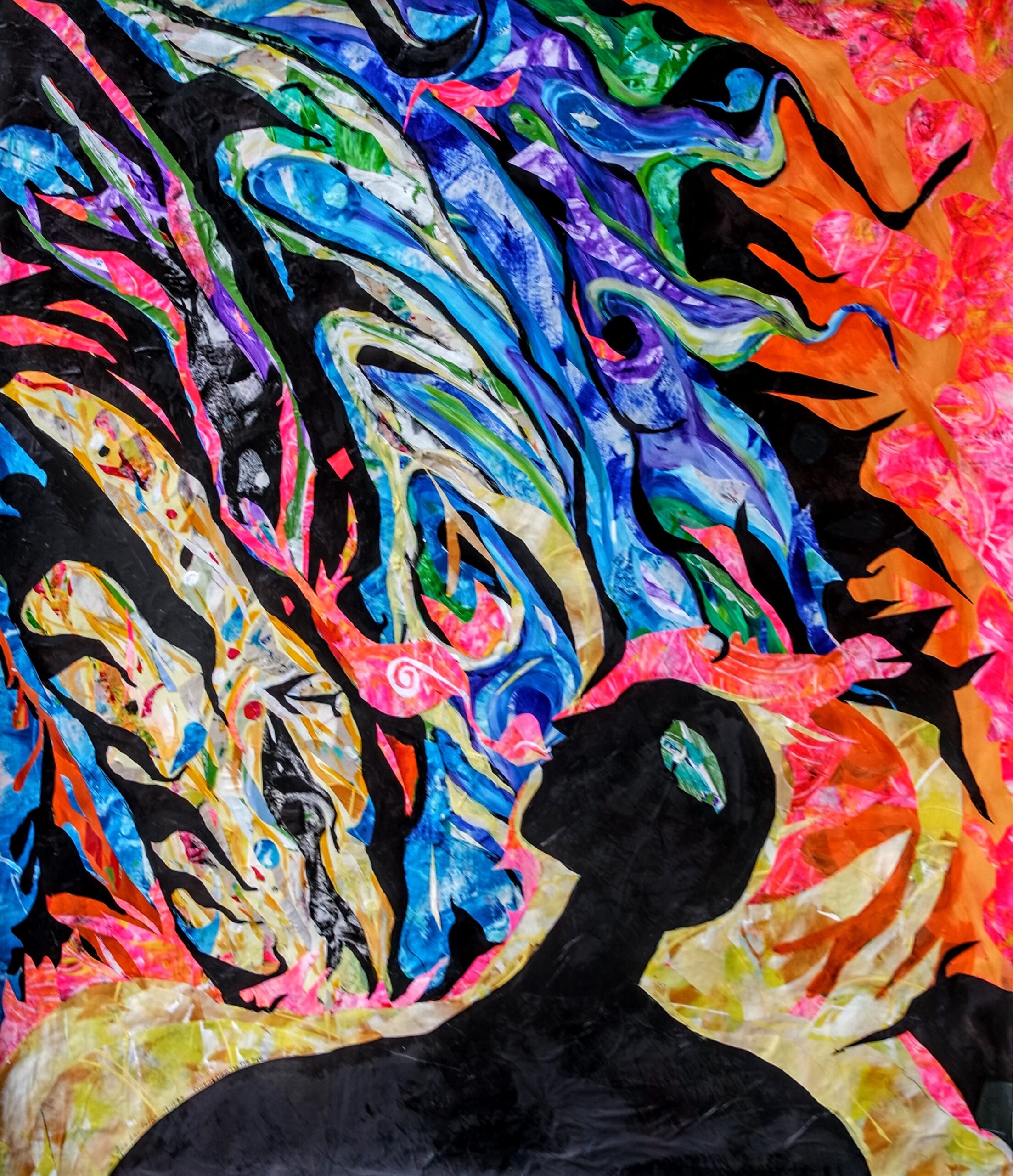 A mixed-media artwork depicting a dark figure from the shoulders up surrounded by swirling colors.