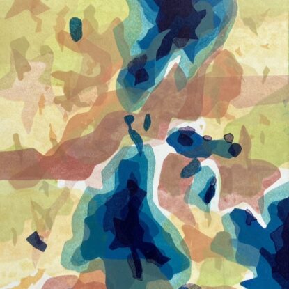 A monoprint of an aerial landscape made up of organic overlapping shapes in yellows, blues and browns.