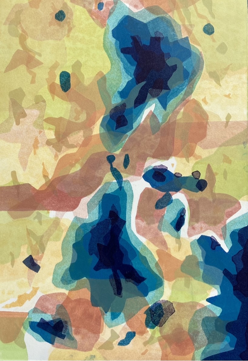 A monoprint of an aerial landscape made up of organic overlapping shapes in yellows, blues and browns.