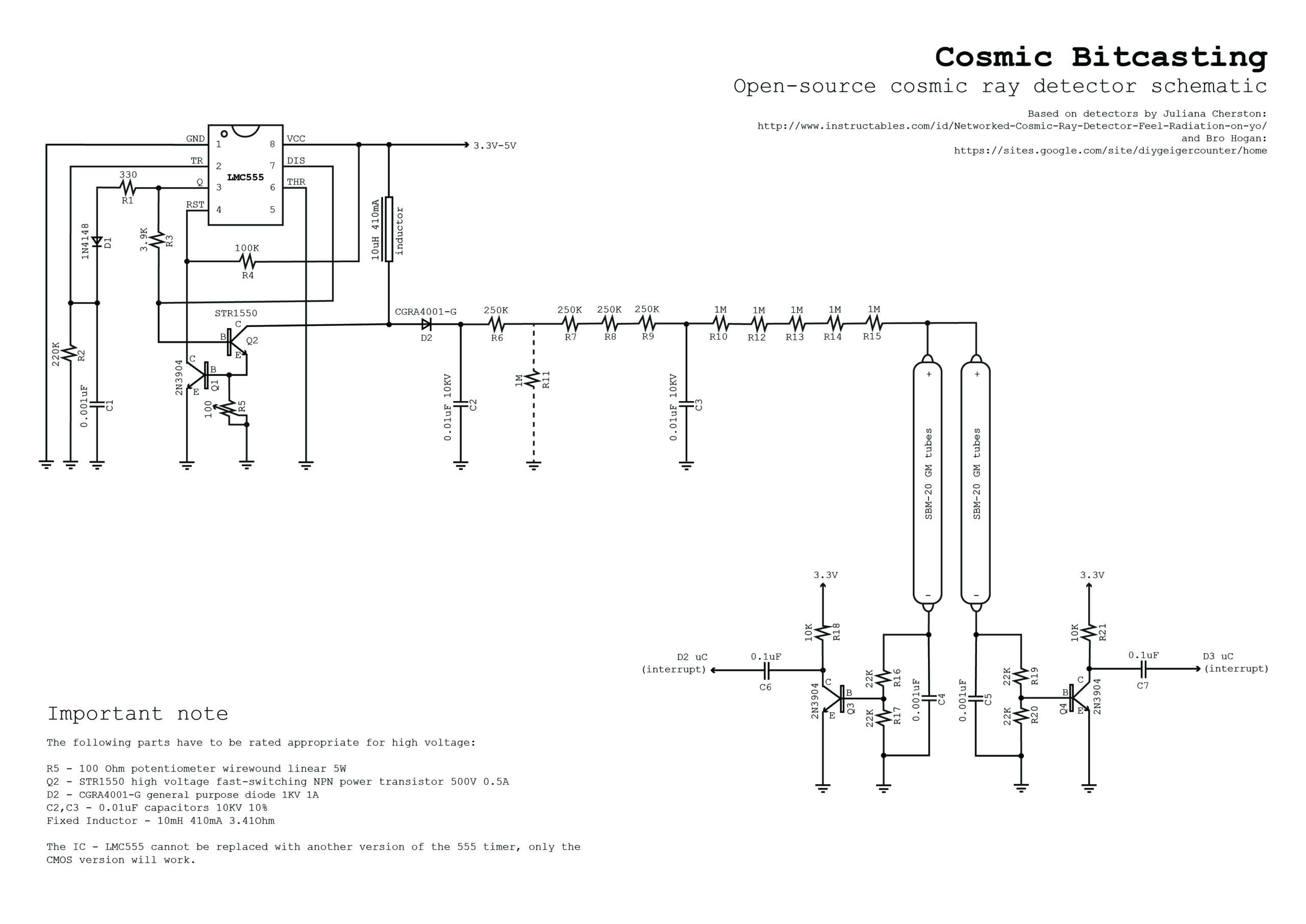 An electrical diagram labeled "Cosmic Bitcasting Open-source cosmic ray detector schematic"