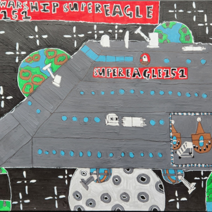 An acrylic painting of a spaceship labeled "Warship Super Eagle 151" in hand painted text surrounded by stars and planets.