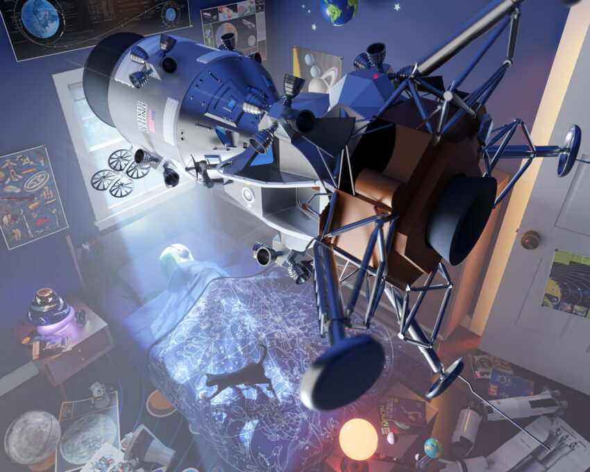 A digital drawing of a lunar lander hovering above a child's messy bedroom filled with space memorabilia.