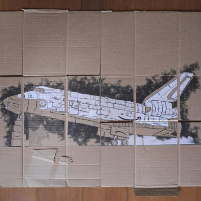 Screenprint on cardboard depicting a space shuttle made from Amazon boxes.