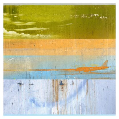 A distressed art print of hazy horizontal orange and blue colored bands and an airplane hiding in disguise.