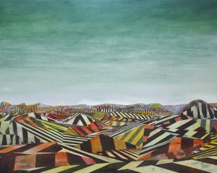 An oil painting depicting an empty landscape of intersecting stripes under a hazy green sky.