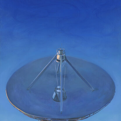 An oil painting of a satellite dish against a blue sky.