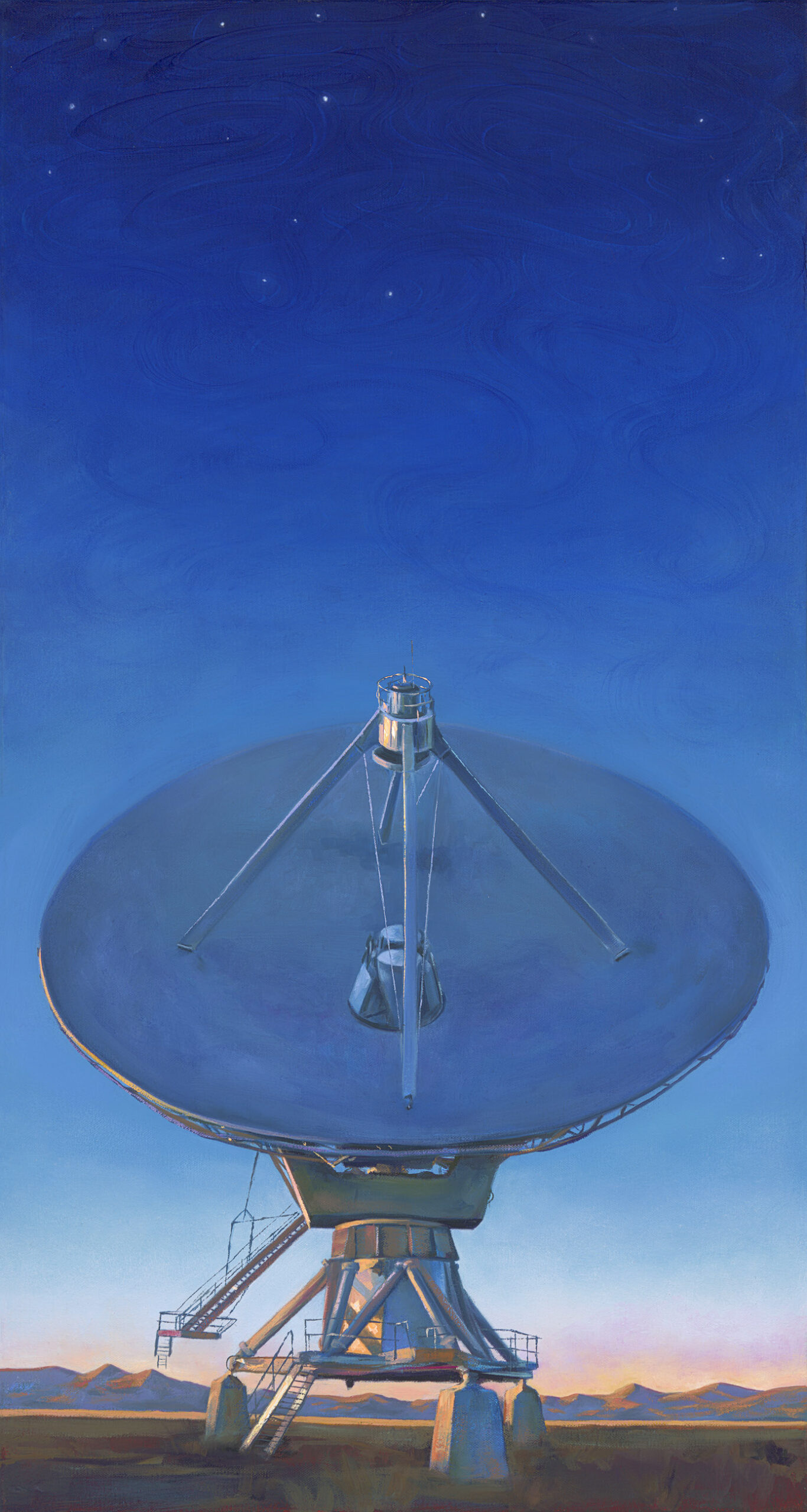 An oil painting of a satellite dish against a blue sky.