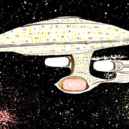A painting of the USS Enterprise spaceship in a starfield with pinks, yellows, white and black.