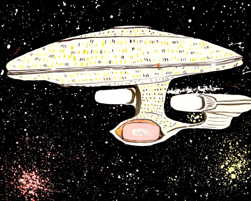 A painting of the USS Enterprise spaceship in a starfield with pinks, yellows, white and black.