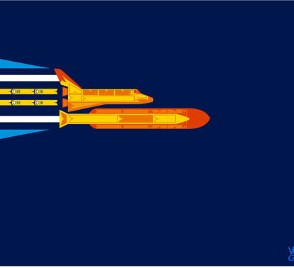 A styled art print featuring an orange space shuttle on a dark blue background with yellow, white and blue "smoke" coming out of the engine.