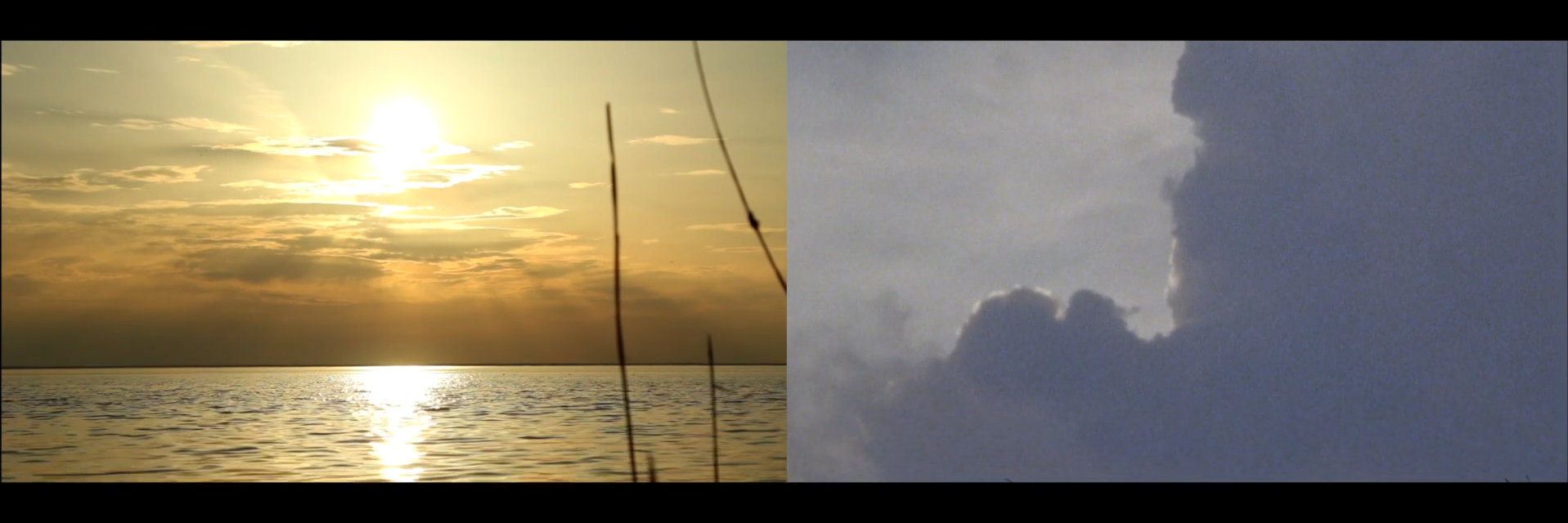 A dual screen capture of a body of water at sunset on the left and a dark ominous clouds on the right.