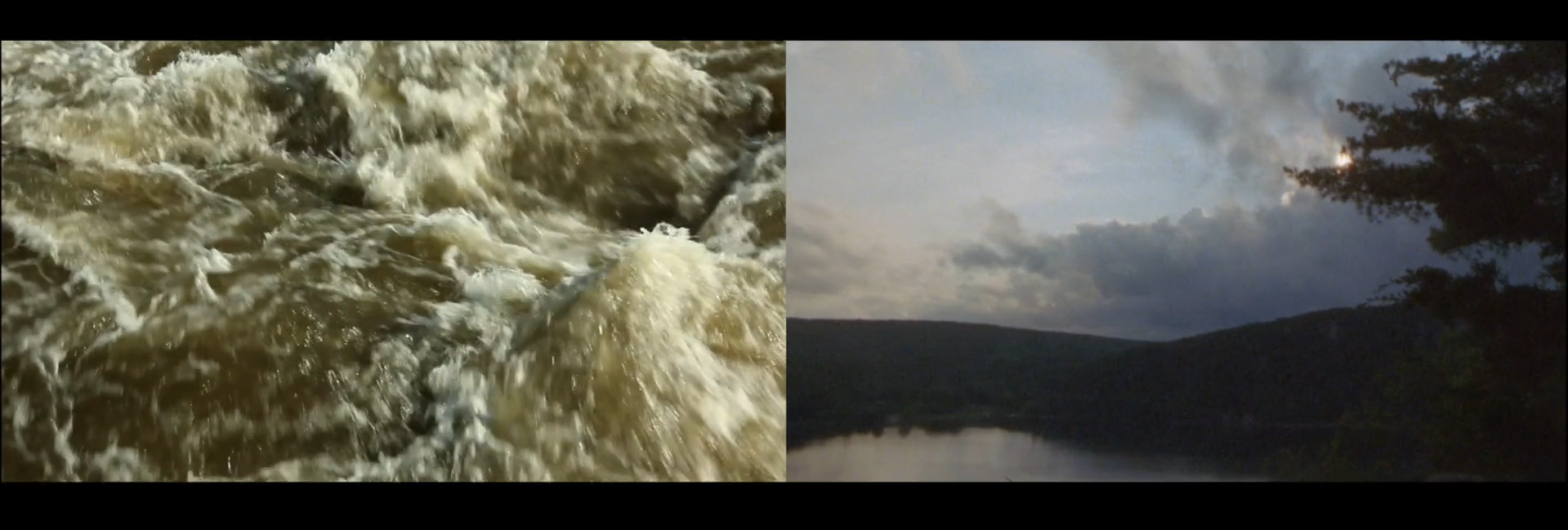 A dual screen capture of a film depicting rushing water on the left and a serene lakeside view on the right.