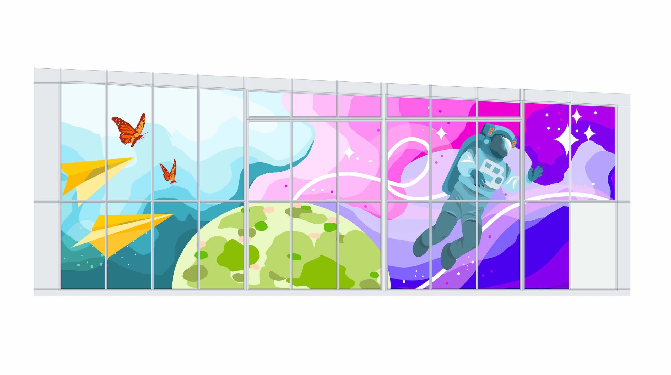 A digital mockup of a mural depicting a girl running with an airplane surrounded by butterflies and paper airplanes.