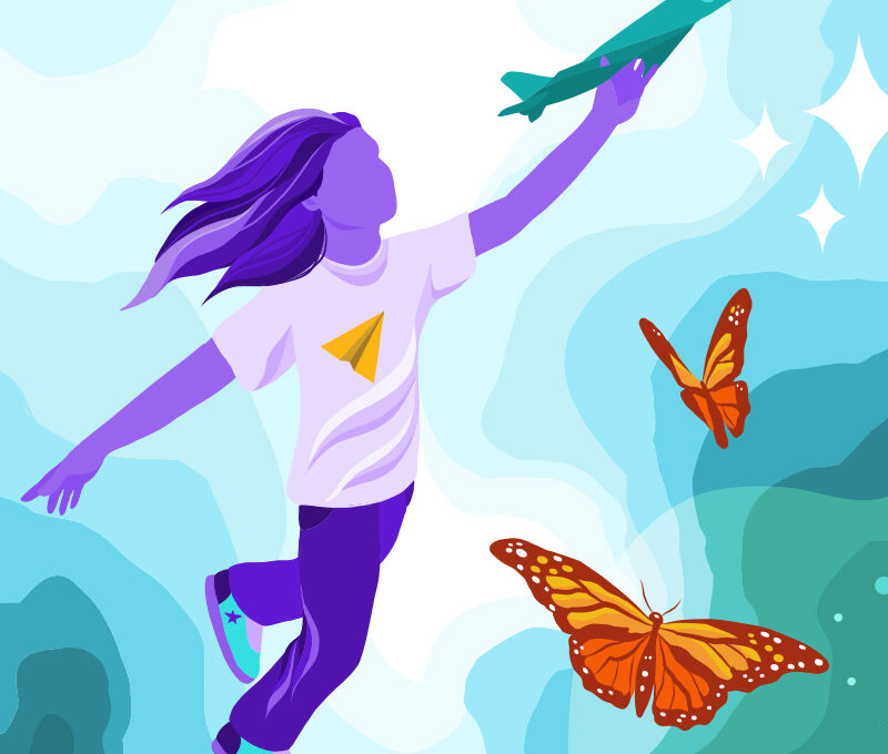 A portion of a mural depicting a child running with a model plane and monarch butterflies.