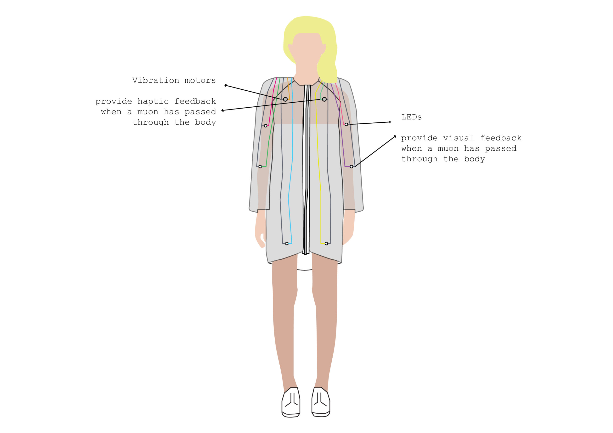 A diagram of the front of a garment. Two points on the chest are labeled "Vibration motors" and "Provide haptic feedback when a muon has passed Through the body." Two point on the arm are labeled "LEDs" and "provide visual feedback when a muon has passed through the body."