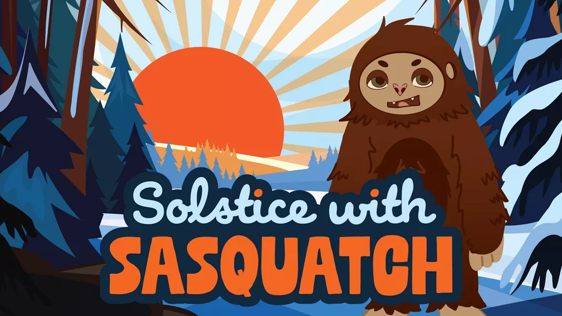 An illustration of a friendly looking sasquatch beast with a stylized forest in the background